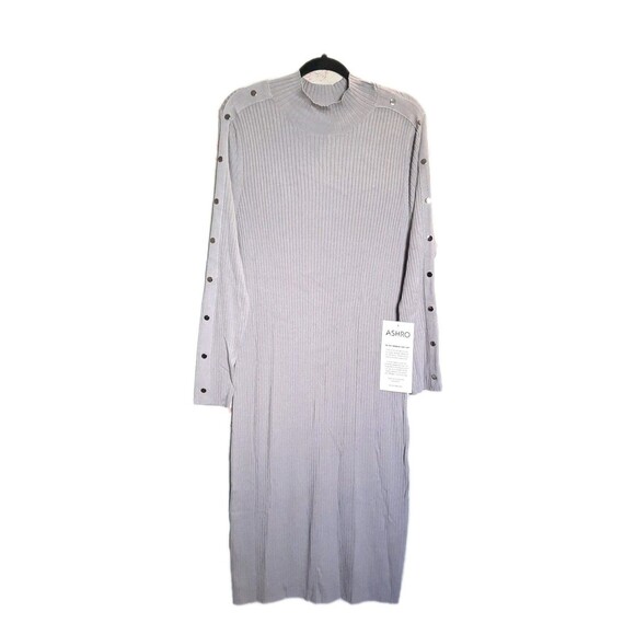 ASHRO Gray Ribbed Knit Long Sleeve Mock Neck Midi Sweater Dress Size XL NEW - Picture 2 of 7